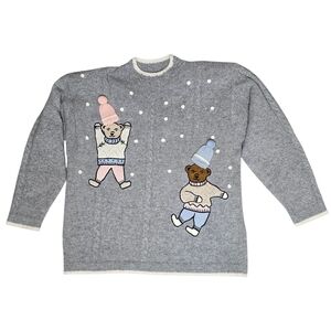 Rene Derhy Paris Gray Sweater with Bear Design Size M Lambswool